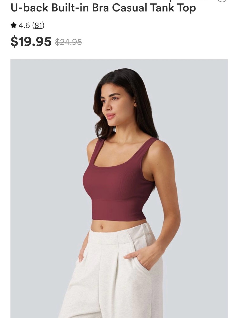 HALARA Burgundy U-Back Crop Tank with Built-In Support